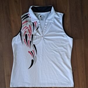 Izod White Sleeveless Polo with Black and Coral Graphic Accents
